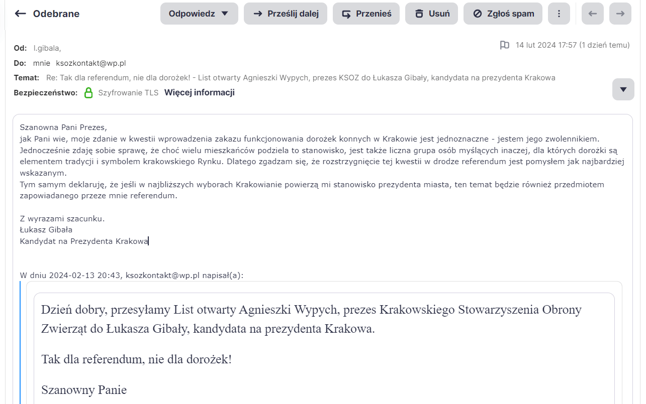 Gibała deklaruje poparcie dla referendum ws. dorożek