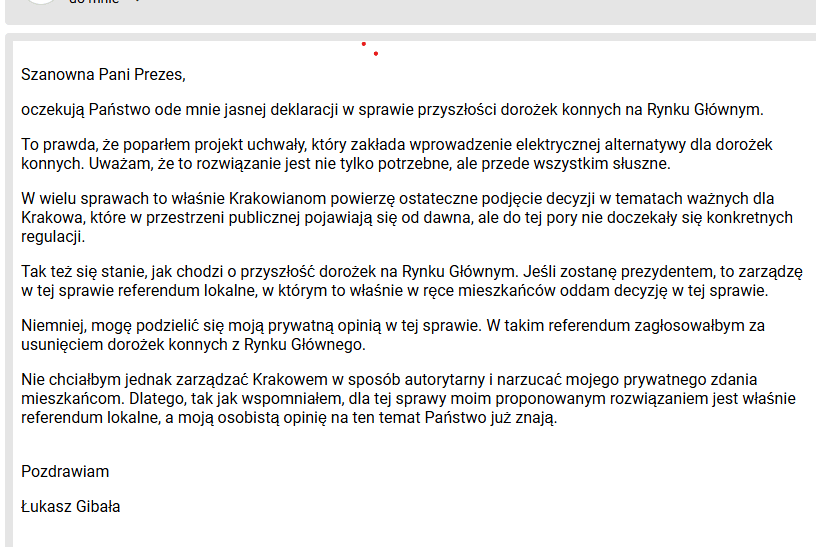 W odpowiedzi na apel KSOZ  Łukasz Gibała modyfikuje zdanie i zapowiada referendum w sprawie dorożek konnych w Krakowie!